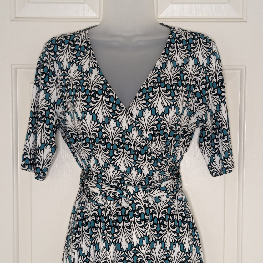 Wrap‎ Dress (Faux) Stretch  Elbow Sleeve Print Blue/Green Pullover M